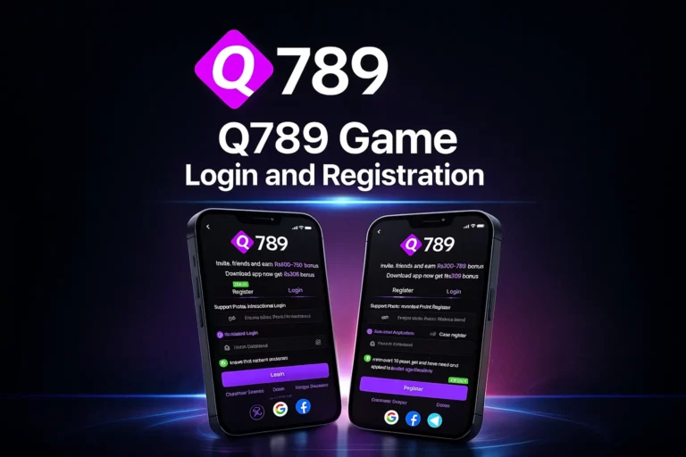 Q789 Game login and registration guide featuring app screens and logo on a dark background